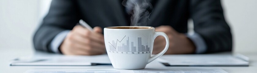 Magazine-style photo of a senior investor reviewing dividend yield reports with a cup of coffee, emphasizing stability and growth