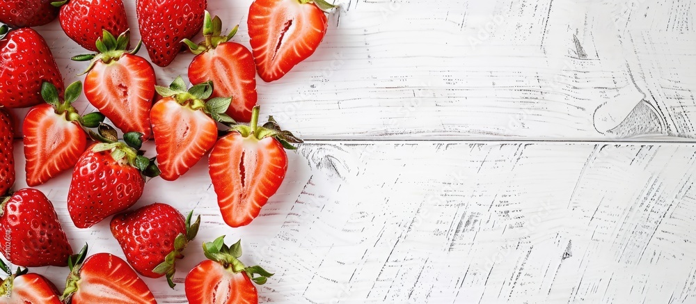 Aufkleber sepia-colored copy space image featuring sliced strawberries on a white wooden surface, creating a r