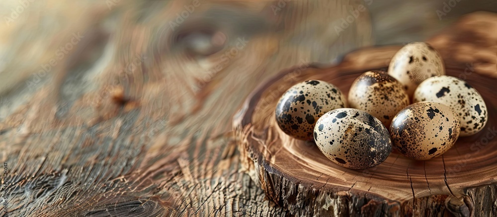 Poster quail eggs on a rustic wooden board, offering room for text in the image. image with copy space