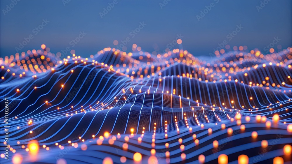 Poster abstract digital landscape with glowing lines and dots on dark blue background - signifying data con