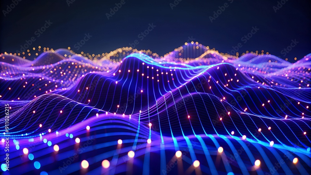 Poster abstract digital landscape with glowing lines and dots on dark blue background - signifying data con