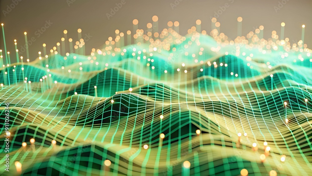 Poster abstract digital landscape with glowing lines and dots on dark blue background - signifying data con