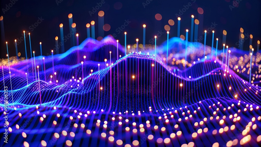 Poster abstract digital landscape with glowing lines and dots on dark blue background - signifying data con