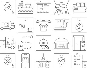 Logistics Service Collection Icons Set Vector. Logistics Warehouse And Conveyor, Ship And Truck, Loader And Delivery Drone, Phone App Tracking Black Contour Illustrations