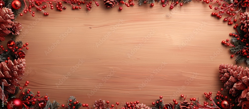 Aufkleber light wooden background adorned with red christmas tree beads along the edges creates a festive chri