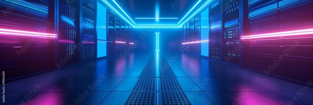 Poster a futuristic data center corridor illuminated by blue neon lights, showcasing rows of server racks a
