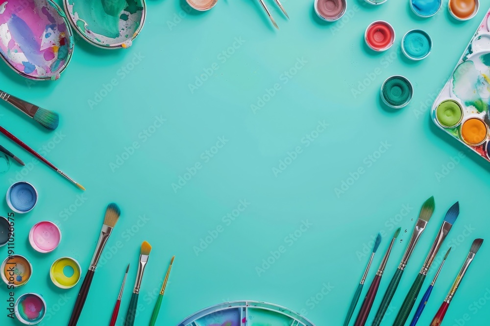 Poster an array of colorful paint pots and brushes beautifully arranged on a teal surface, presenting a vis