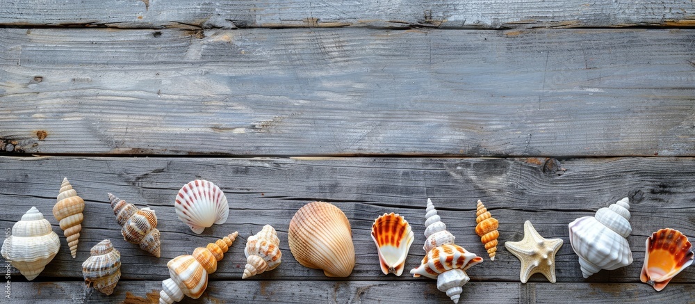 Poster seashells arranged attractively on a wooden backdrop with ample copy space image available.