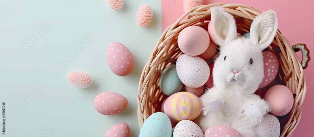 Poster pastel-colored easter eggs with a pattern and a white toy rabbit in a basket are displayed on a pink