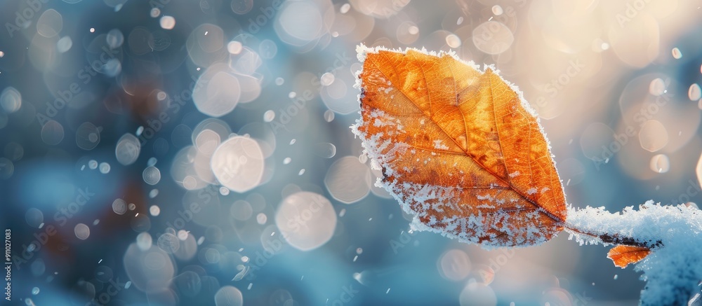 Poster snow-covered autumn leaf on a frosty winter day with bokeh background, offering room for text in the