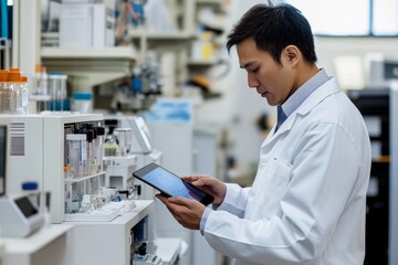 Scientists research biochemistry technology in healthcare clinics