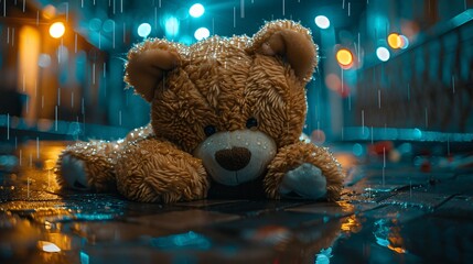Lonely Teddy Bear in the Rain