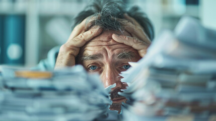 Man is depressed and drowning in papers because he has too much work 