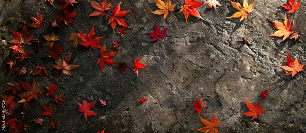 Poster seasonal background with autumn maple leaves scattered on an ancient textured surface, creating a pi
