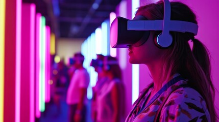 Futuristic Virtual Reality Presentation of Global Growth Data with Delegates in VR Headsets Surrounded by Bright Neon Lights