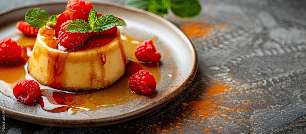 Poster modern background enhances presentation of caramel custard pudding on plate with ample copy space im