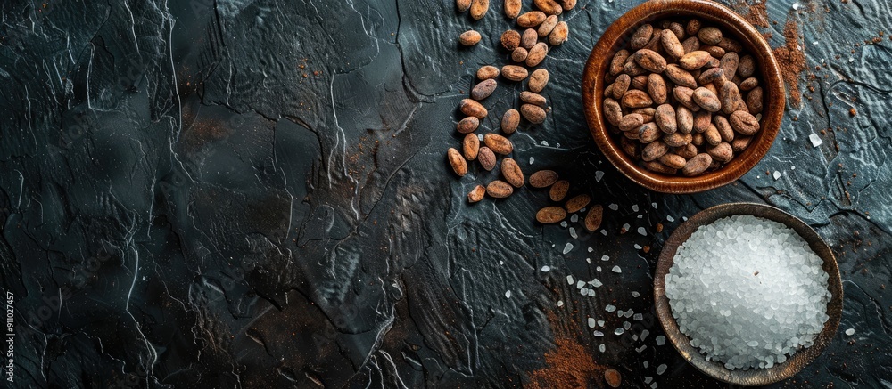 Poster sea salt mixed with cocoa beans, placed on a dark stone surface with abundant space for text or imag