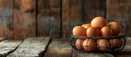 Fresh chicken eggs in a metal wire basket on a rustic wooden table with copy space image, with selective focus celebrating World Egg Day.