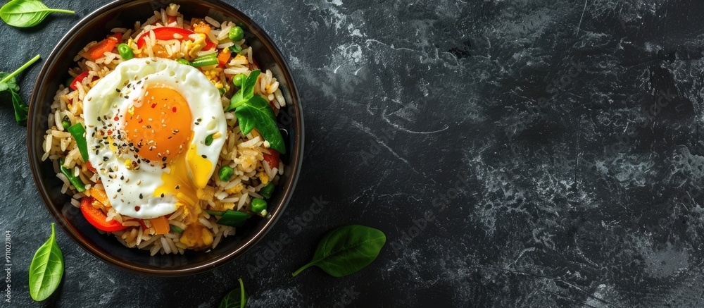 Poster top view of asian fried rice with vegetables and egg on a dark slate background with copy space imag