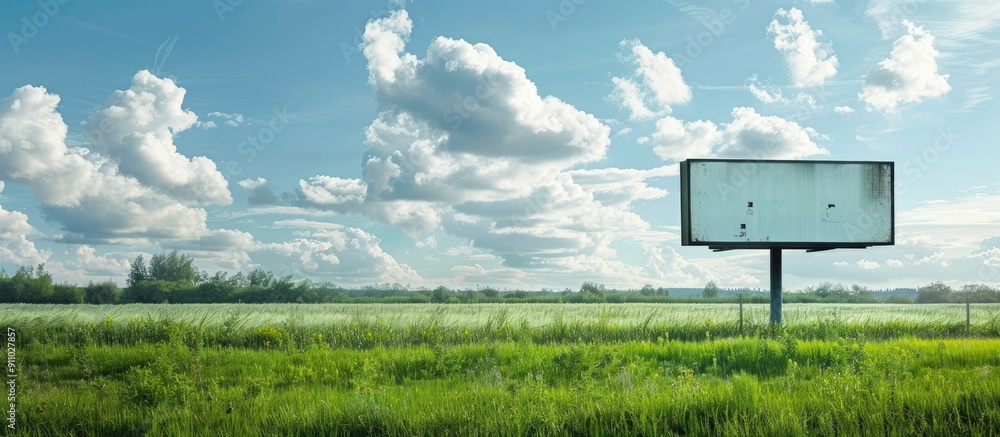 Poster green field with an empty billboard providing copy space image for advertising.