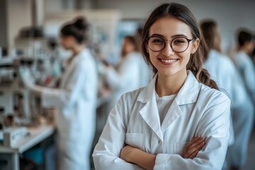 Fototapeta premium On the background of a modern Medical Science Laboratory, a beautiful young woman scientist wears a white coat and glasses.