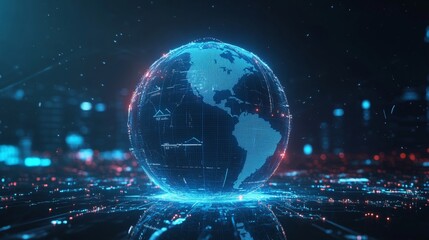 Glowing Futuristic Digital Globe with Neon Blue Growth Indicators