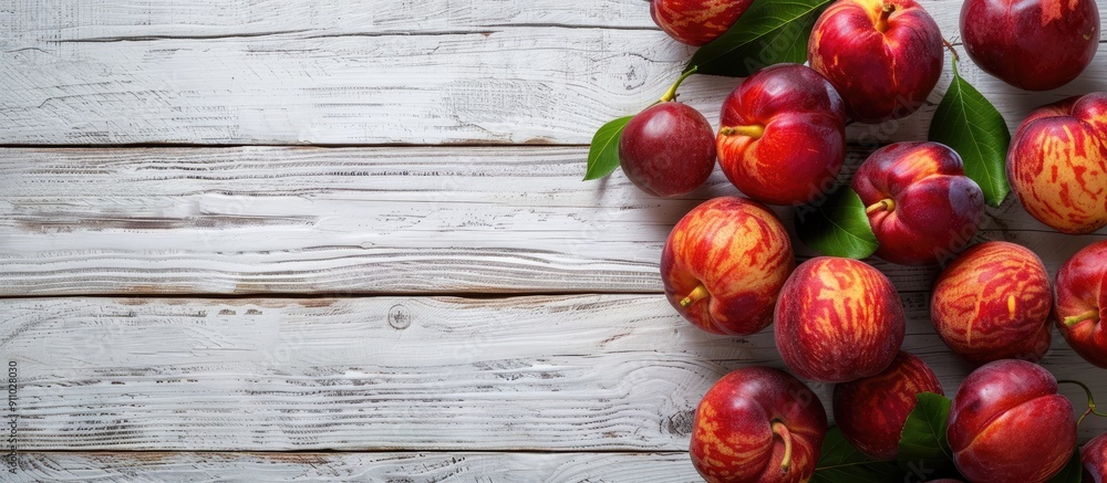 Poster White wooden table displayed nectarines with copy space image.