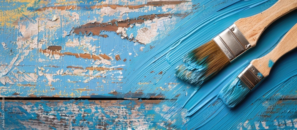 Poster using a paintbrush, create a blue design on a wooden board with copy space image.