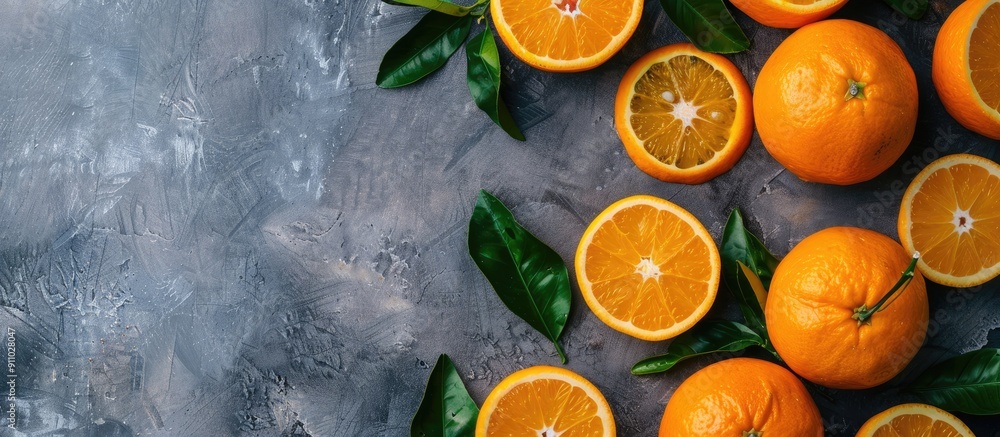 Poster top-down view of whole and halved sicilian oranges on a gray surface, alongside cut slices, all with