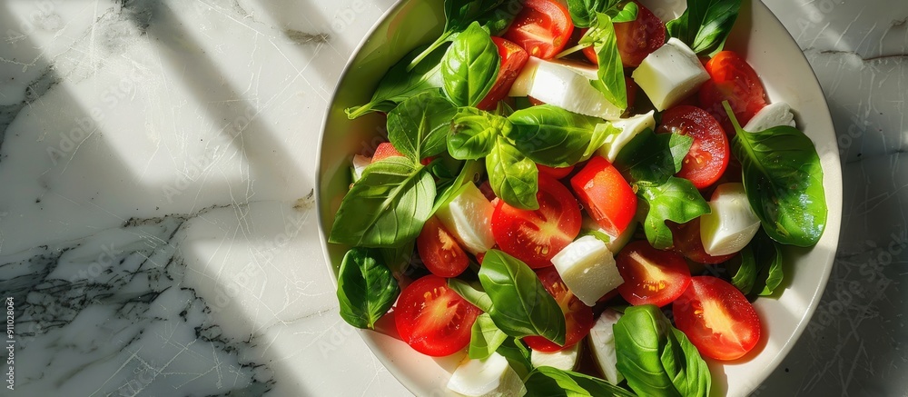 Aufkleber top view of a refreshing green salad with fresh leaves, tomatoes, and mozzarella displayed on a sunn