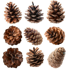 Set of various pinecones on transparent background, design elements. png.