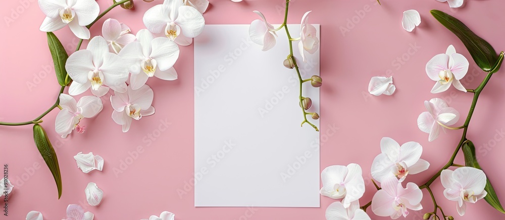 Poster top-view flat lay of a blank paper adorned with white orchids on a pink backdrop, designed for addin