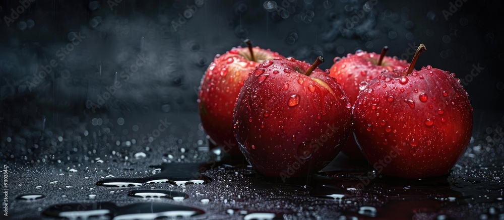 Poster red apples displayed against a dark background with water droplets, providing room for text or other