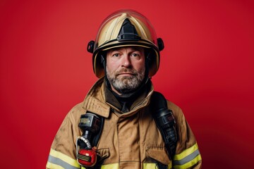 Fototapeta premium Firefighter in Full Gear Against Red Background