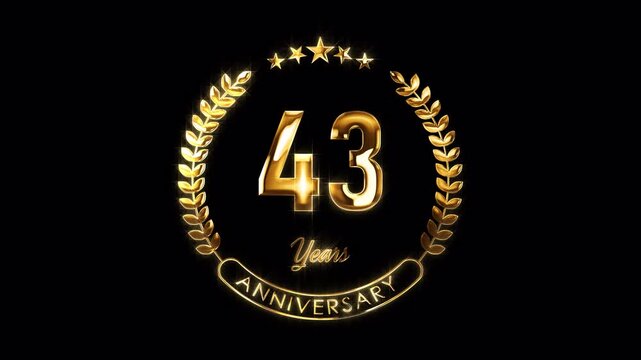 43rd Anniversary Celebration. Happy 43 Years Anniversary Animation in Gold Color on the Transparent Background, Alpha Channel. Great for greetings, celebrations, events, and gifts.