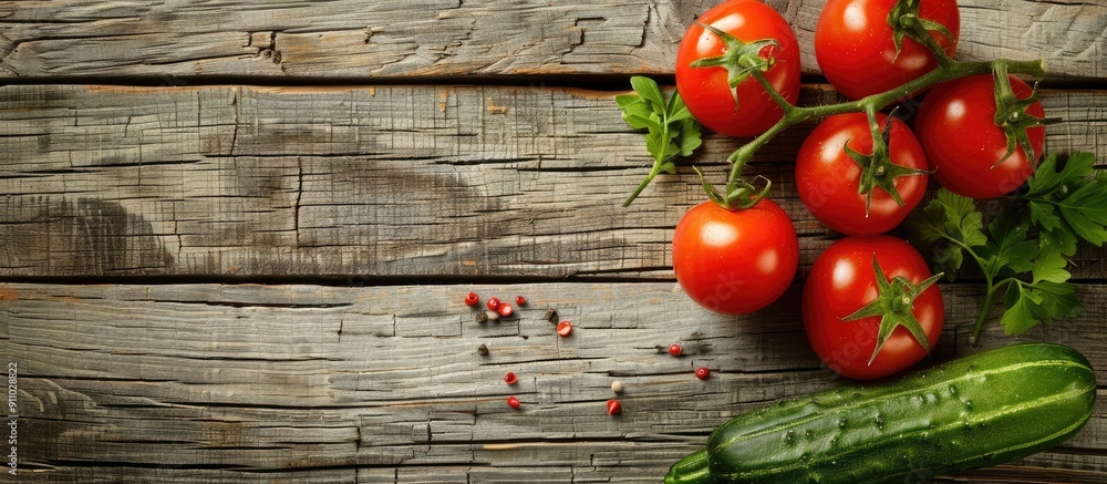 Poster Image of organic red tomatoes and cucumber on a wooden backdrop with copy space.