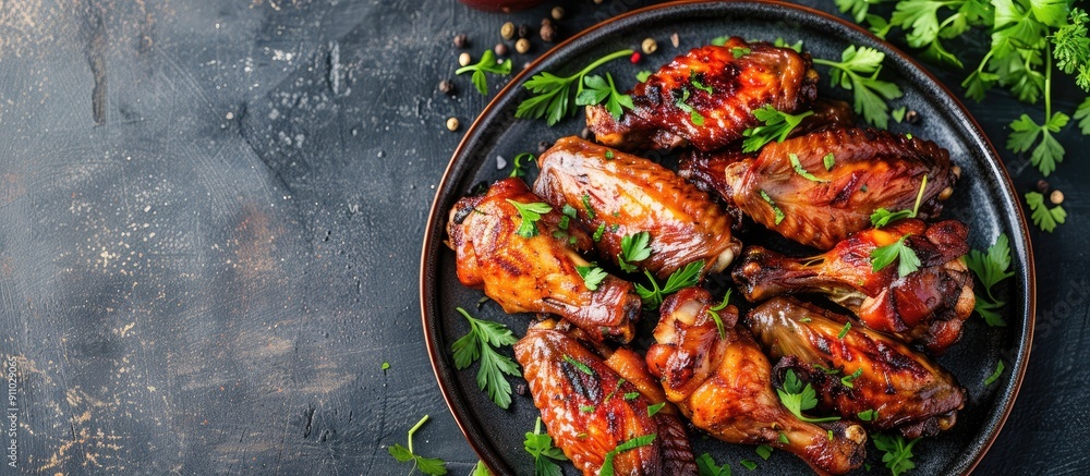 Poster top view of roasted chicken wings arranged on a plate with ample copy space image.