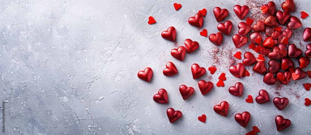 Poster top view of small red hearts on a bright background with room for your text or image, ideal for a gi