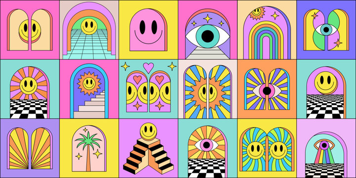 Cool Abstract Groovy Background. Trendy Y2k Geometric Collage Illustration. Smile Poster Art.