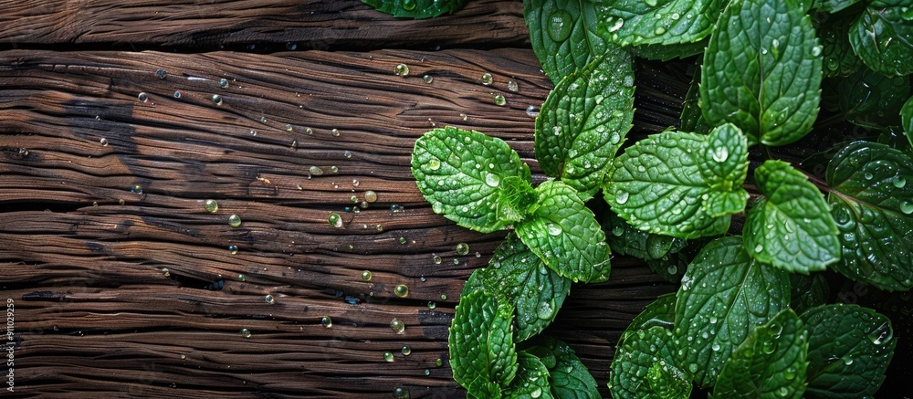Poster Fresh mint leaves with water droplets on a wooden background create a refreshing copy space image.
