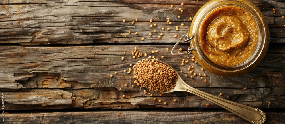 Poster wooden table displaying a jar and spoon of whole grain mustard, with room for text beside them in th