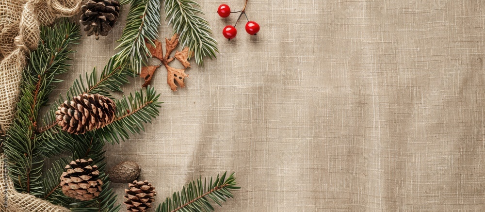 Poster top-down horizontal photo of a christmas-themed linen background, offering a clear view for text or 
