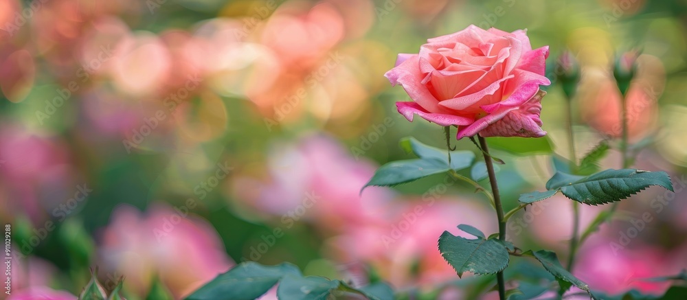 Poster selective focus captures a rose in a garden with a blurred background, creating a visually appealing