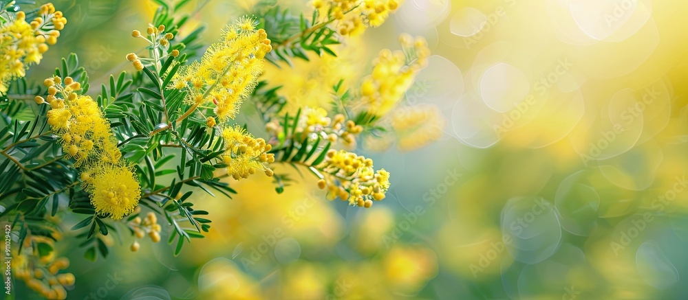 Aufkleber selective focus on blooming acacia flowers in a natural setting with a clear and unobstructed area d