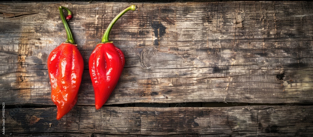 Poster top-down view of two ghost peppers on a weathered wooden surface with copy space image available.