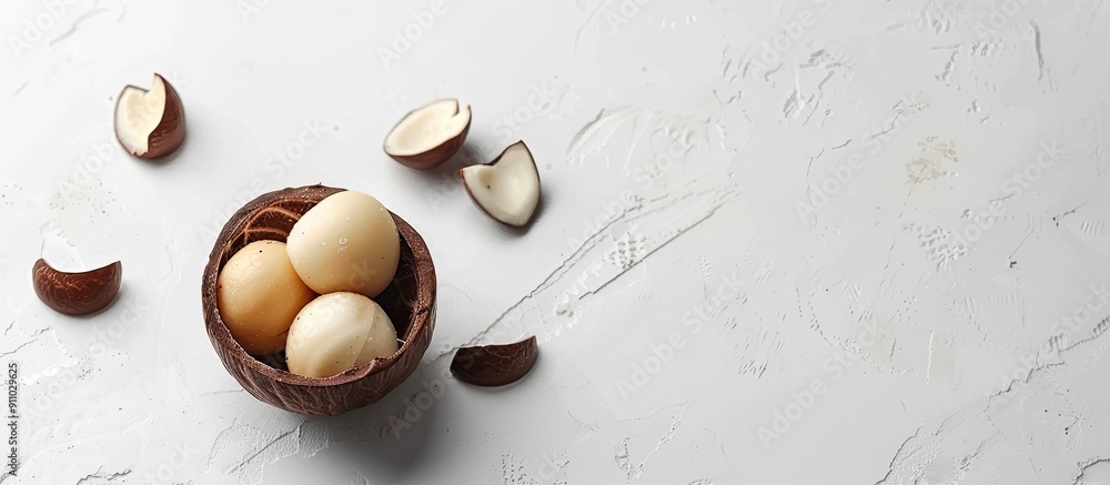 Poster macadamia nut half shell on a white background with ample copy space image.