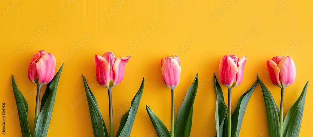 Poster pink tulips on a yellow backdrop with ample copy space image, embodying a minimalist flat lay style 