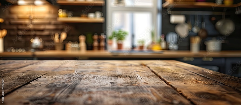 Poster the kitchen setting with a textured wooden table in focus against a blurred backdrop creates an invi