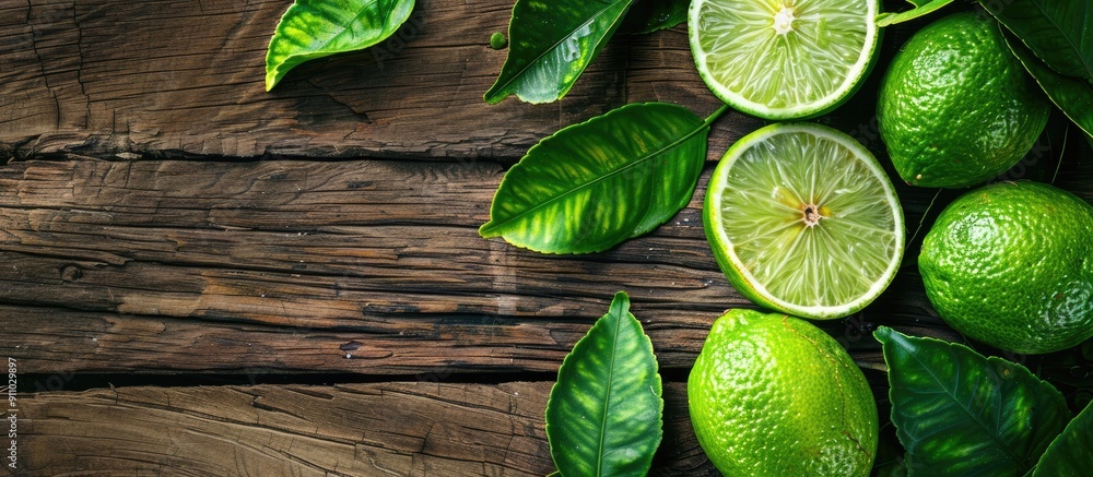 Poster fresh and ripe lime halves with leaves, placed on a wooden surface in a top-view composition with sp
