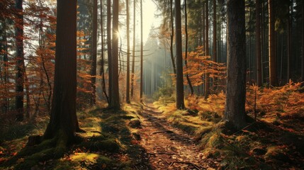 Fototapeta premium A Forest Path Bathed in Golden Sunlight